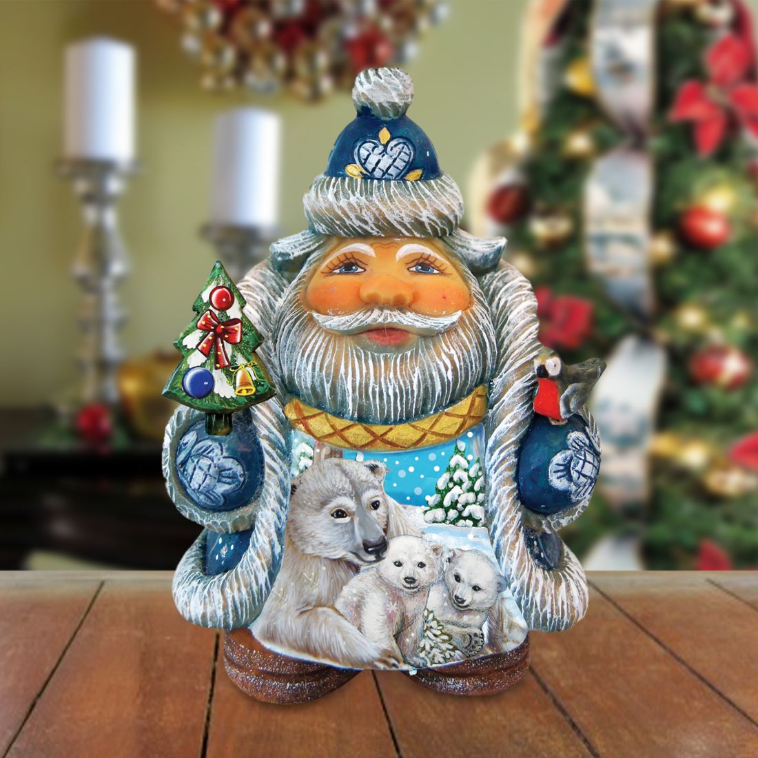 Santa with Polar Bear and Cubs Handcrafted Christmas Figurine - G. DeBrekht - Christmas Santa Snowman Decor - 533422