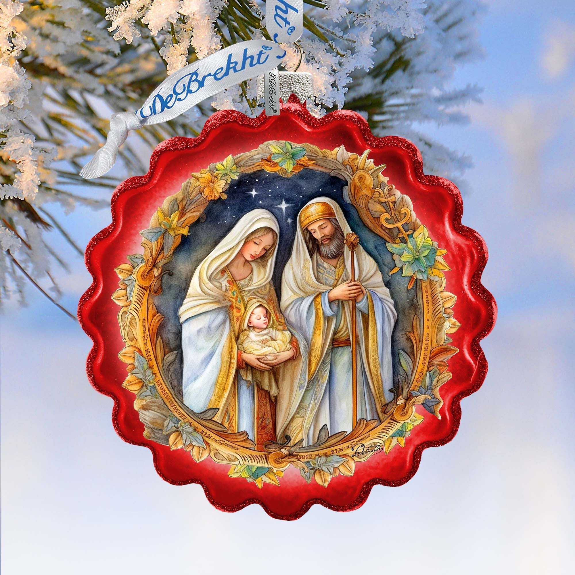 Classic Holy Family Nativity Wreath Glass Ornament by G. Debrekht - Christmas Santa Snowman Décor - 759-059